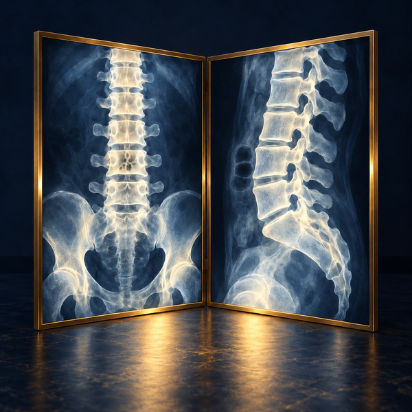 Illustration of front and side lumbar spine views, showing how overlapping intestinal gas can resemble a defect in a vertebra.