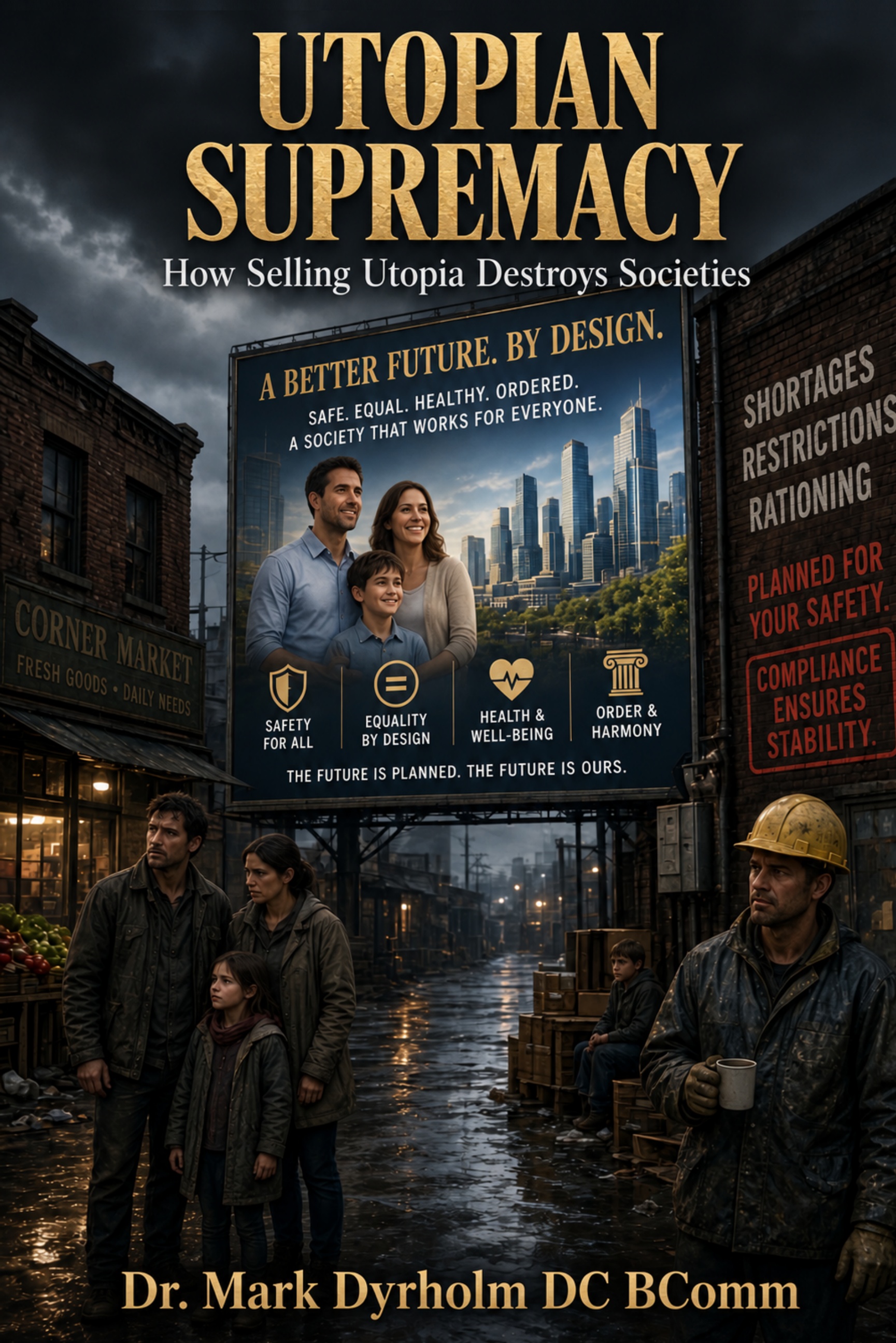 Utopian Supremacy: How Selling Utopia Destroys Societies, by Dr. Mark Dyrholm DC BComm. A billboard promises a perfect future above a struggling street.